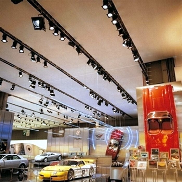 The SmokeOut product used as a stretch ceiling at a car show exhibition